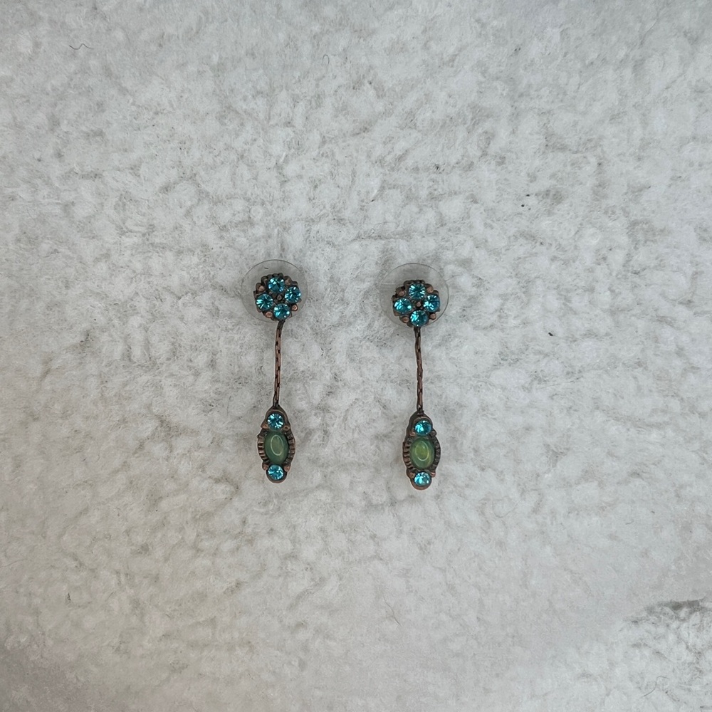 Turquoise Crystal Drop Earrings • Vintage Boho Dangle • Pierced Ears - Picture 2 of 6